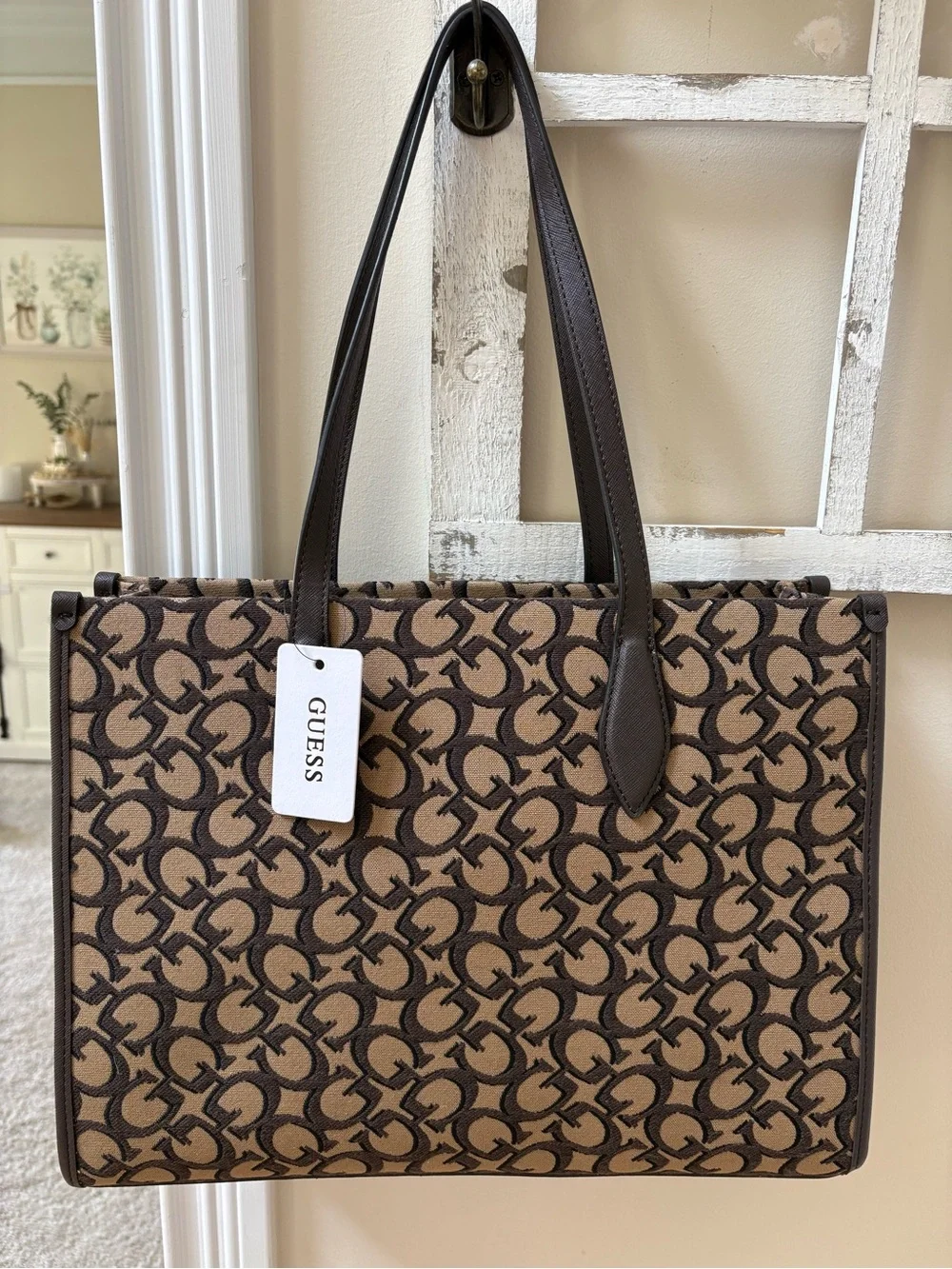 GUESS Brown Logo Jacquard Tote with Dark Brown Trim
